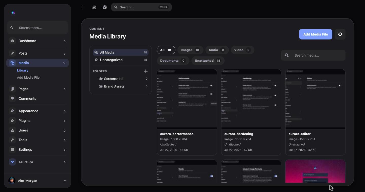 Aurora Admin media library with folders
