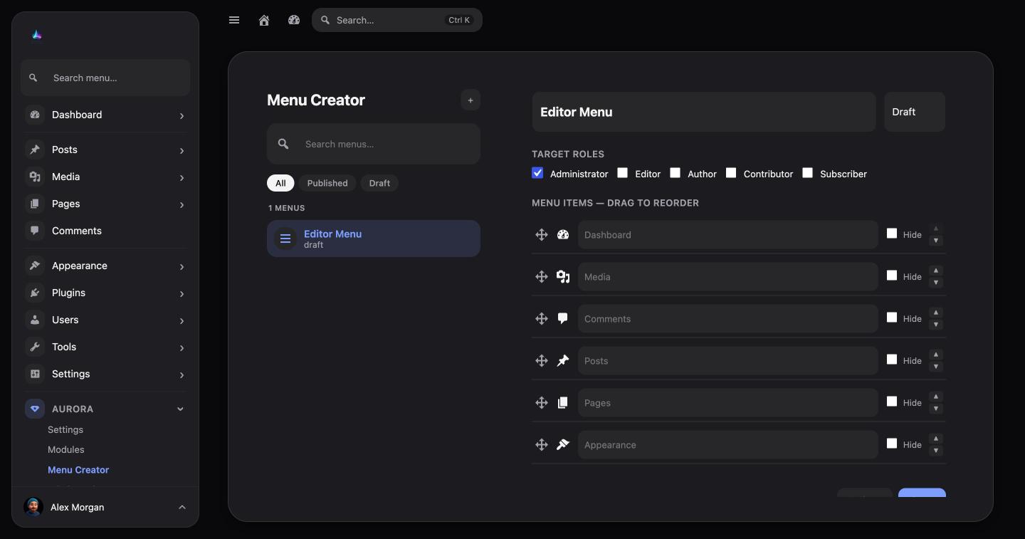 Aurora Admin menu creator