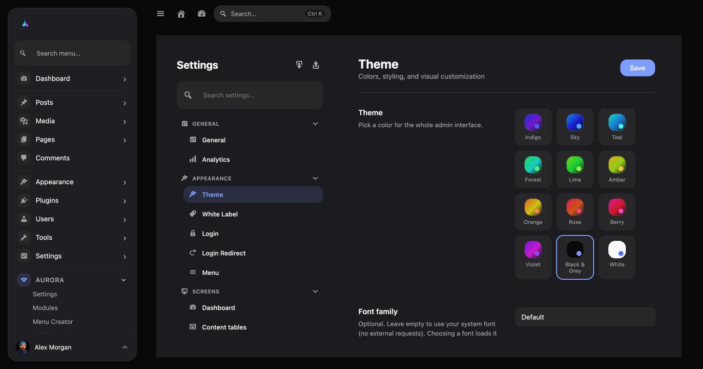 Aurora Admin dark mode and theme selector