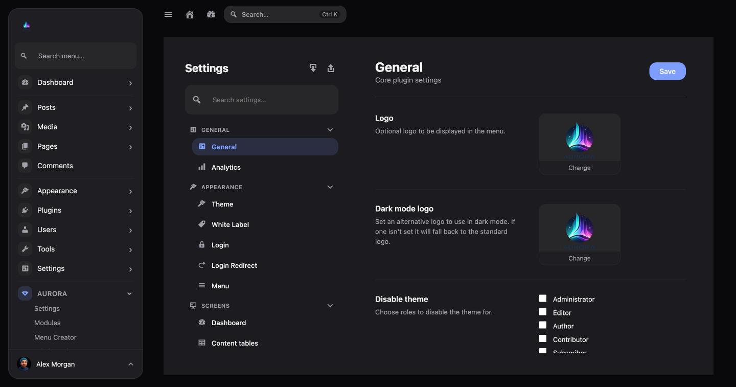 Aurora Admin settings screen